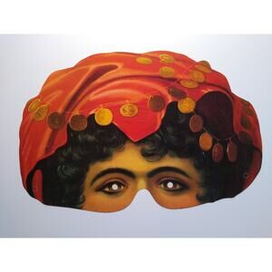 Vintage Paper Women Fortune Teller Turban Coin Mask Victorian Style Costume